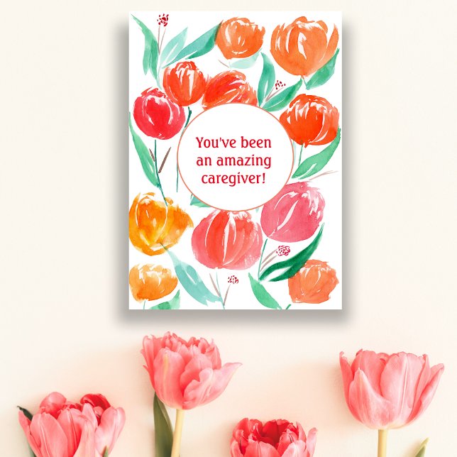 Thank You Caregiver Watercolor Tulips Card (Express gratitude with tulip-adorned card. Perfect for caregivers, nurses, and volunteers.)