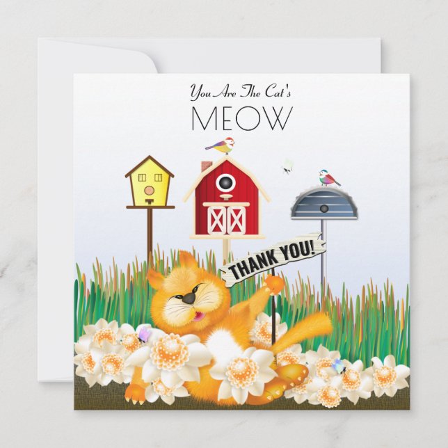 Thank You Cat and Birds in the Garden Card (Front)