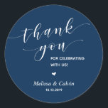 Thank you, celebrating with us, wedding rehearsal classic round sticker<br><div class="desc">Thank you for celebrating with us stickers. It is a perfect sticker to used in your wedding or other celebration,  e.g.,  Birthday party,  Anniversary celebration,  Baby shower,  wedding rehearsal,  gifts for guests,  favour stickers,  and others.
Navy Blue font.</div>