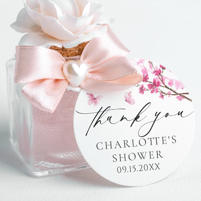 Thank You Cherry Blossom Pink Butterfly Classic Round Sticker (Creator Uploaded)