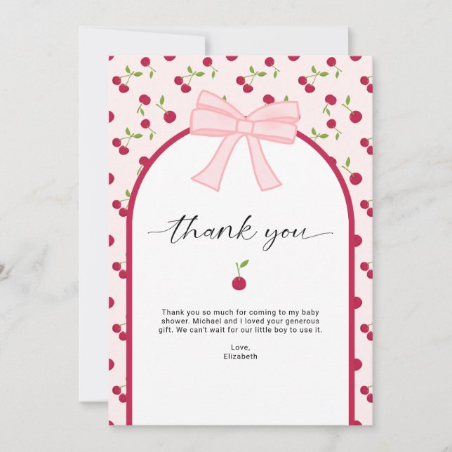 Thank you Cherry on Top Baby Shower Coquette Pink Card (Front)