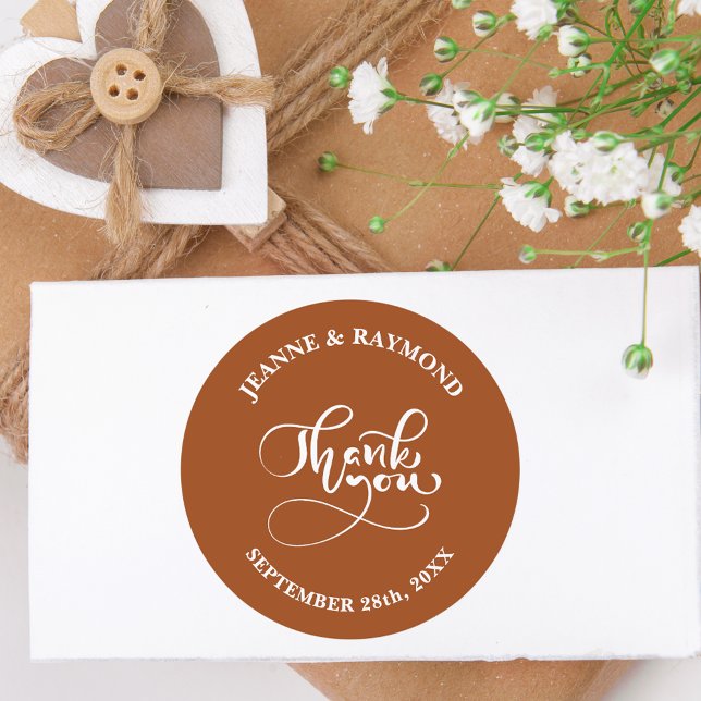 Thank You Chic Calligraphy Terracotta Wedding Classic Round Sticker (Creator Uploaded)