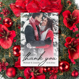 thank you chic calligraphy winter photo wedding card
