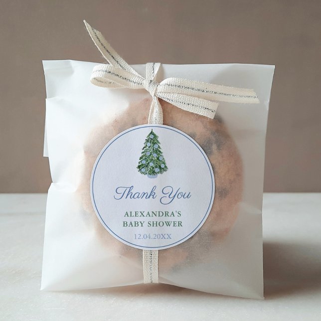 Thank You Chinoiserie Christmas Tree Blue Favour Classic Round Sticker (Blue And White Chinoiserie Holidays Tree Baby or Bridal Shower Thank You Favor Sticker)