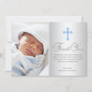 THANK YOU Christening Communion Cross Blue BOY Card
