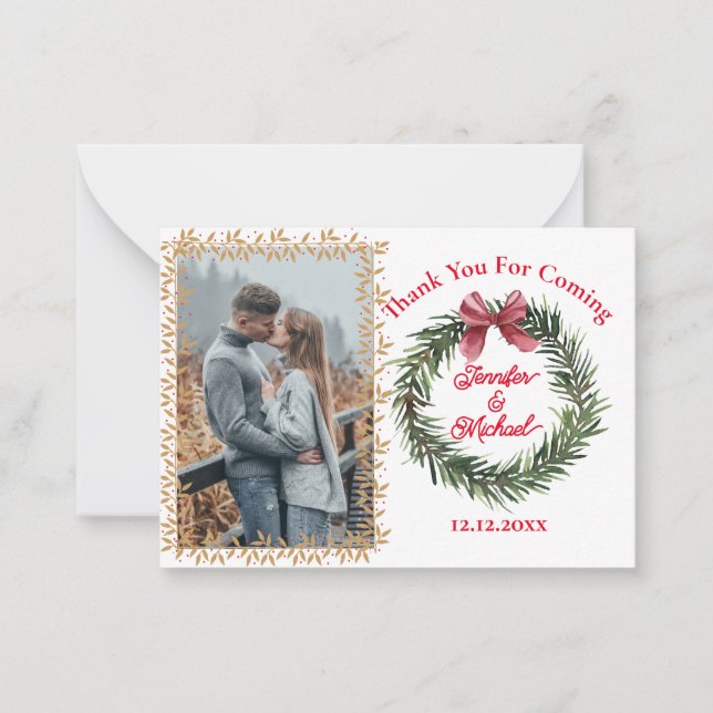 thank you christmas holiday wreath wedding photo card (Front)
