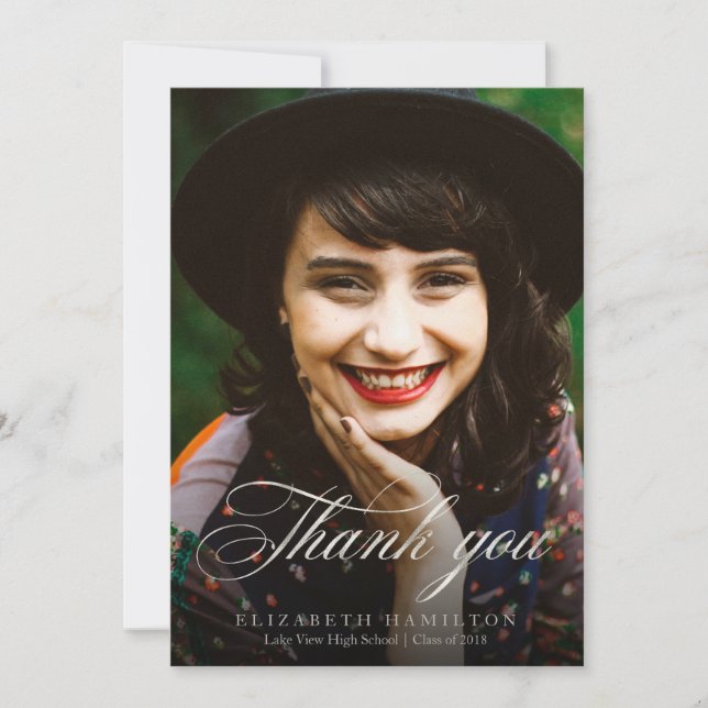 Thank You Classy Silver Script Graduation Photo Announcement (Front)