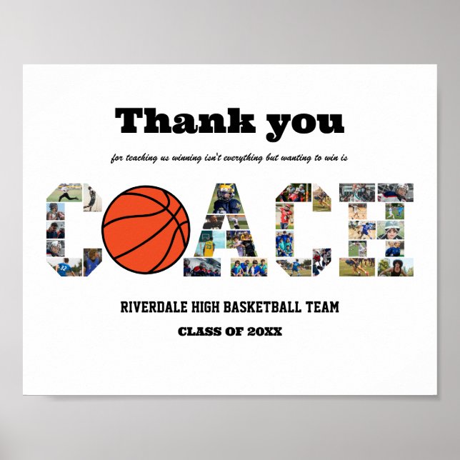 Thank You Coach Basketball Team Photo Collage  Poster (Front)