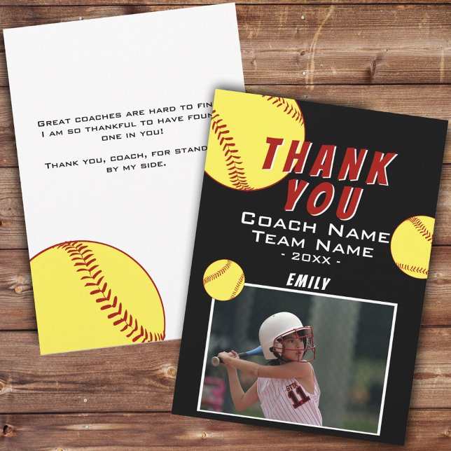 Thank you Coach Yellow Softball Photo Card (Creator Uploaded)