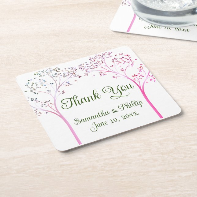 Thank you coaster wedding favour green tree (Angled)