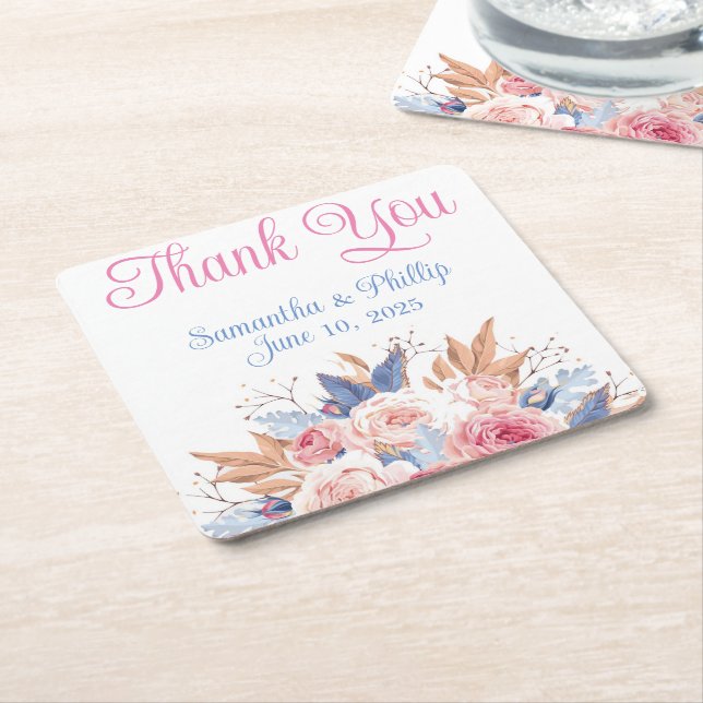 Thank you coaster wedding favour pink blue (Angled)