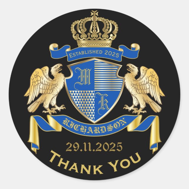 Thank You Coat of Arms Blue Gold Eagle Emblem Classic Round Sticker (Front)