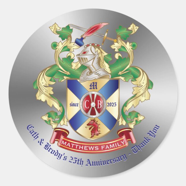 Thank You Coat of Arms Knight Shield Dragon Sword Classic Round Sticker (Front)