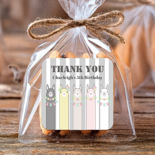 Thank You Colourful Llamas Kids Birthday Favour Square Sticker
