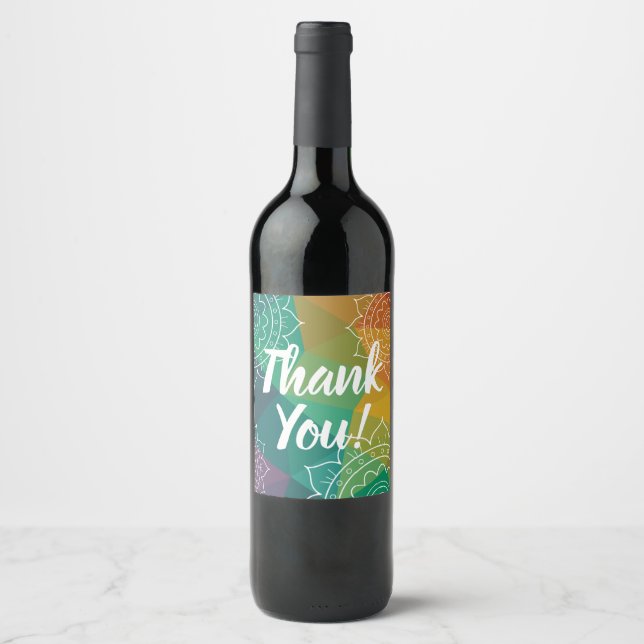 Thank you colourful mandala boho chic wine label (Front)