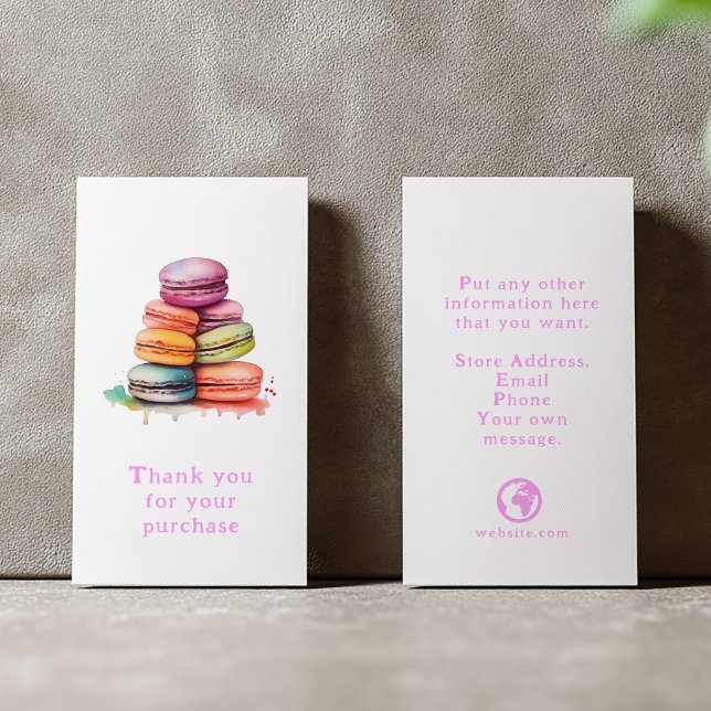Thank you colourful watercolor macaroons enclosure card (Fun watercolor macarons thank you insert card with pink text and business details.)