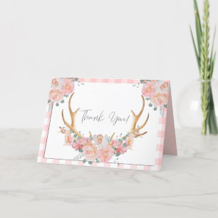 Thank You Coral Gingham BOHO Floral Antlers Card