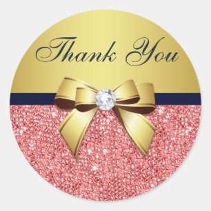 Thank You Coral Sequins Gold Navy Diamonds Bow Classic Round Sticker