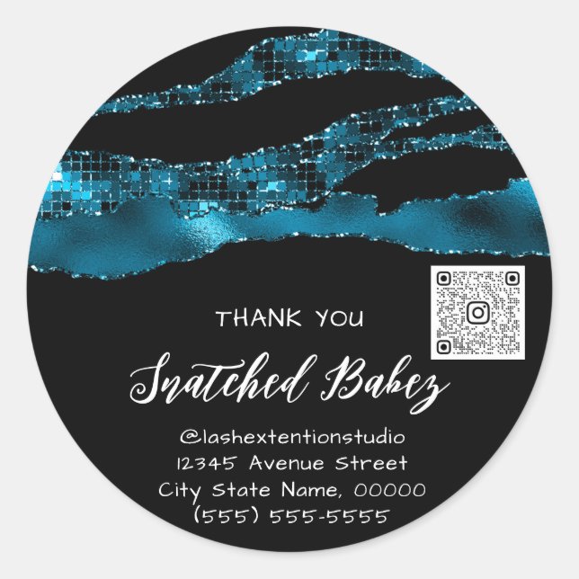 Thank You Cosmetic Logo QR Code Glitter Black Teal Classic Round Sticker (Front)