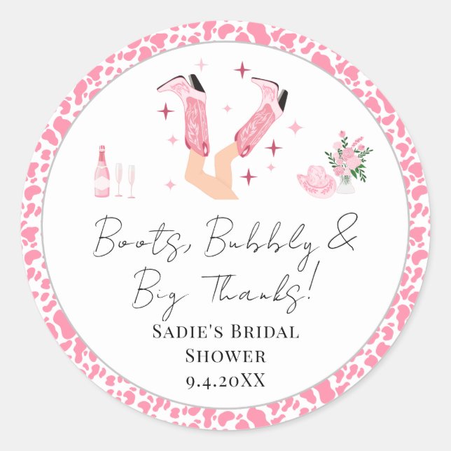 Thank You Cowboy Boots & Bubbly Bridal Shower  Classic Round Sticker (Front)