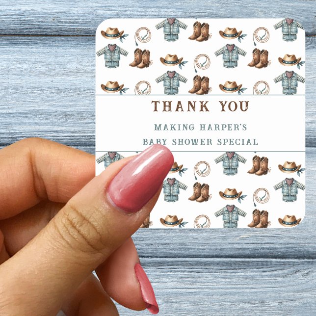 Thank You Cowboy Pattern Baby Shower  Square Sticker (Creator Uploaded)