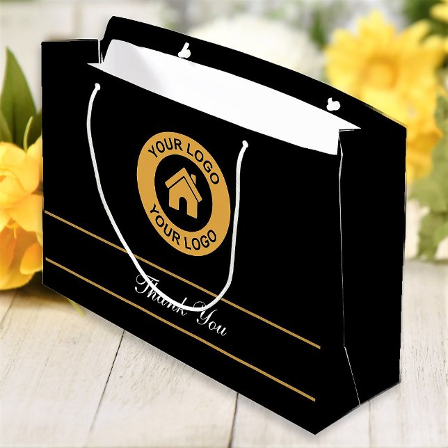 Thank You Custom Business Logo Text Elegant Black Large Gift Bag (Creator Uploaded)
