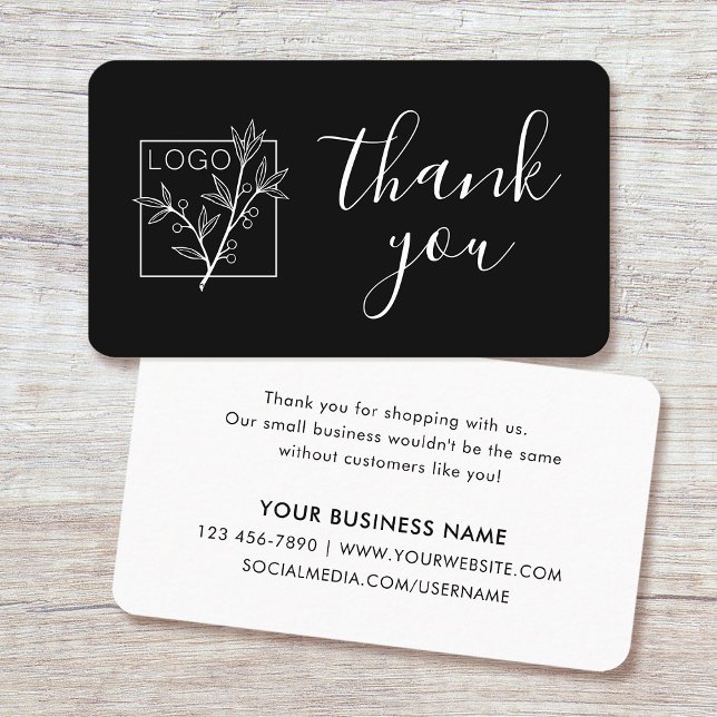 Thank You Custom Logo Modern Script Black Business Card (Creator Uploaded)