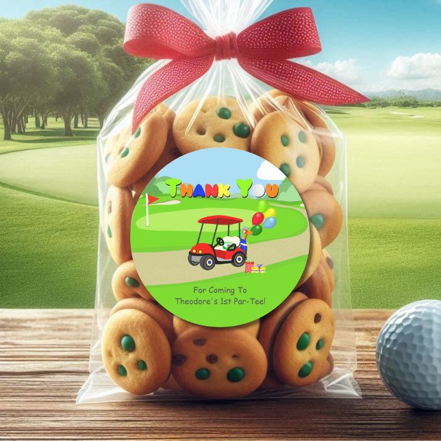 Thank You Cute 1st Birthday Red Golf Cart Boy's Classic Round Sticker (Creator Uploaded)