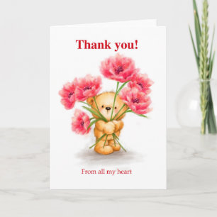 Thank you, cute bear holding red flowers card