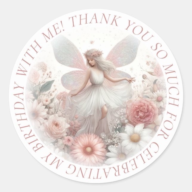 Thank You Cute Pretty Pink Fairy Classic Round Sticker (Front)