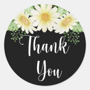 Thank You Daisy Flowers Black  Classic Round Sticker