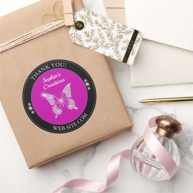 Thank You, Diamond Butterfly, Black & Fuchsia Classic Round Sticker (Gifting)