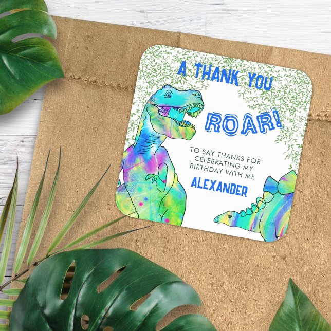 Thank you dinosaur Colourful  Square Sticker (T-Rex roar dinosaur jungle birthday party thank you custom favor sticker modern blue and green)