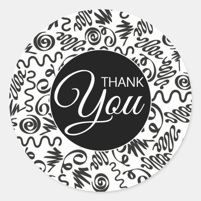 Thank You Doodle Curls Black and White Classic Round Sticker (Front)
