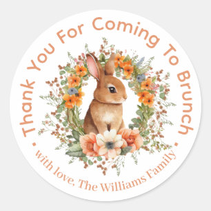 thank you easter brunch, floral bunny orange classic round sticker