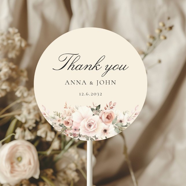 Thank you! Elegant, beige, pastel, flower, wedding Classic Round Sticker (Creator Uploaded)