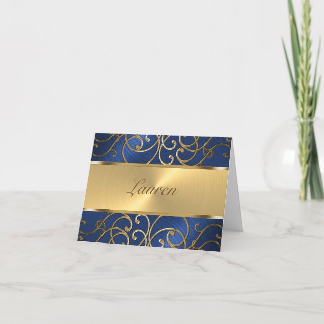 Thank You Elegant Blue and Gold Filigree Card (Front)