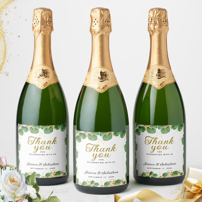 Thank You Elegant Emerald Green Eucalyptus Wedding Sparkling Wine Label (Creator Uploaded)