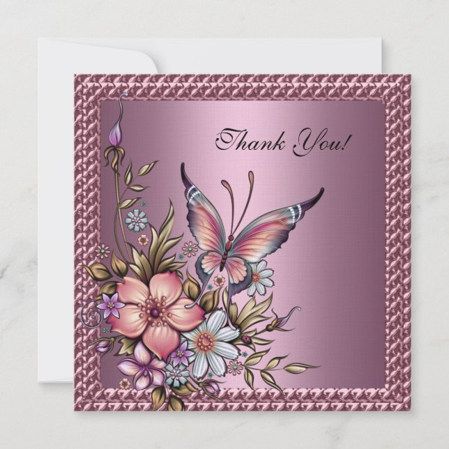 Thank you Elegant Floral Butterfly Pink Card (Front)