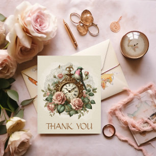 Thank you Elegant Floral Rose Antique Clock Bird Postcard