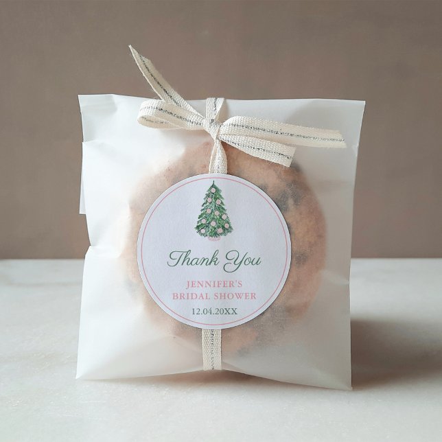 Thank You Elegant Holidays Tree Pink Green Favour Classic Round Sticker (Elegant Pink And Green Christmas Wedding Shower Thank You Favor Sticker)
