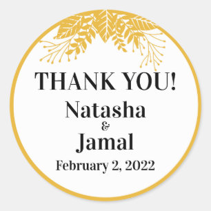 Thank You! Elegant Mustard Yellow Leaves Wedding Classic Round Sticker
