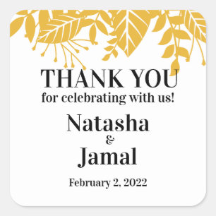 Thank You! Elegant Mustard Yellow Leaves Wedding Square Sticker