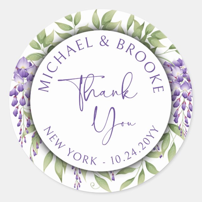 Thank You Elegant Purple Floral Script Wedding Classic Round Sticker (Front)