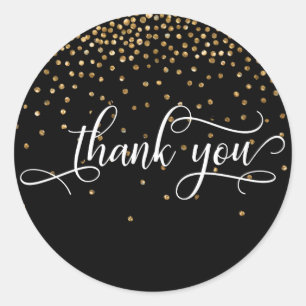 Thank You Elegant Script, Gold Confetti on Black Classic Round Sticker