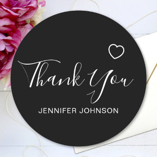 Thank You Elegant Script Text Name Heart Black Classic Round Sticker