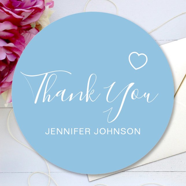 Thank You Elegant Script Text Name Heart Blue Classic Round Sticker (Creator Uploaded)