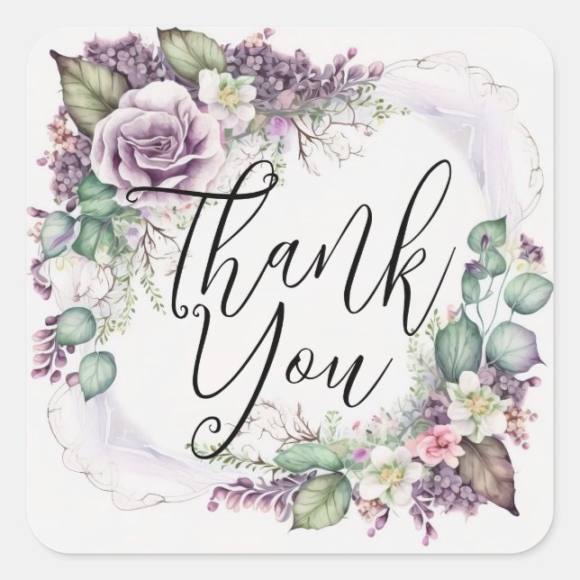 Thank You Elegant Watercolor Floral Garland  Square Sticker (Front)