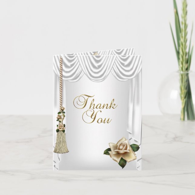 Thank You Elegant Wedding White Cream Gold Rose Card (Front)