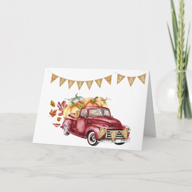 Thank You Fall Pumpkin Truck Boy Baby Shower Card (Front)